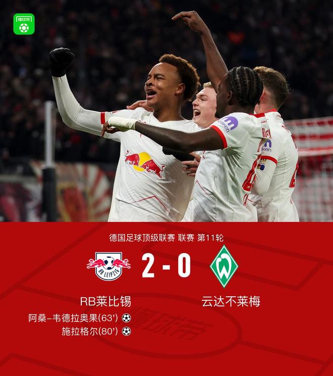 莱比锡2-0不莱梅，韦德拉奥果世界波，施拉格尔破门